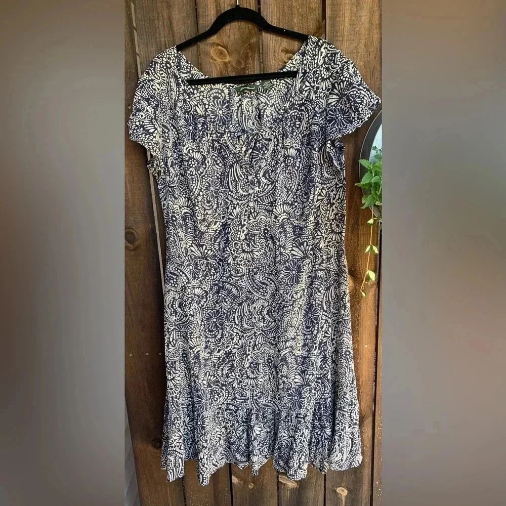 XXL Eddie Bauer Blue Cream Paisley/Floral Peasant Print Dress